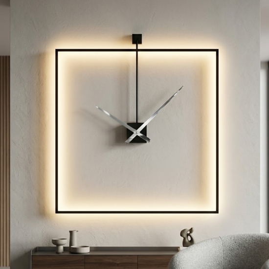 Grande orologio quadrato a parete moderno retroilluminato nero 80x80