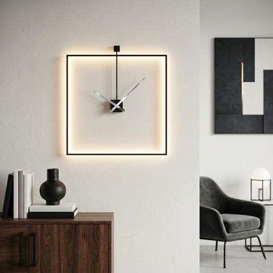 Grande orologio quadrato a parete moderno retroilluminato nero 80x80