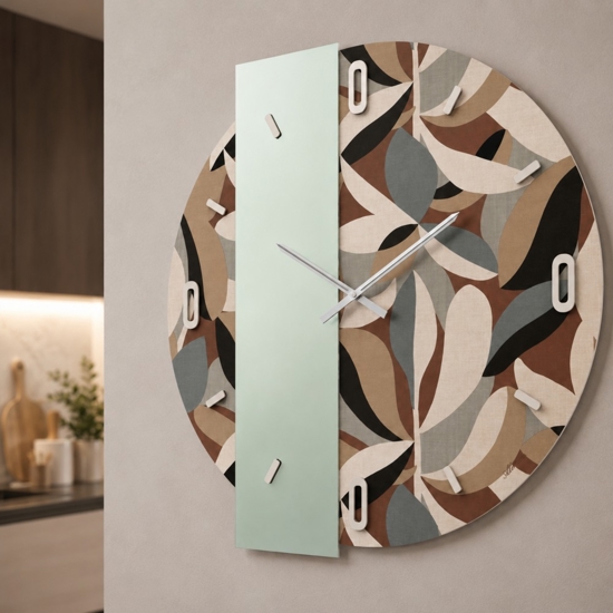 Grande orologio rotondo da parete specchio verde e carta da parati ficus beige per cucina 100cm