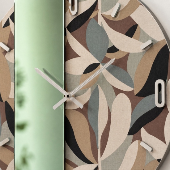Orologio moderno a parete rotondo specchio verde carta da parati ficus beige 60cm