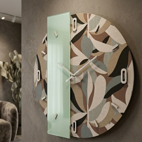 Grande orologio rotondo a parete specchio verde e carta da parati ficus beige 80cm