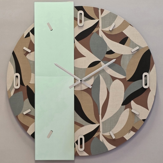 Grande orologio rotondo a parete specchio verde e carta da parati ficus beige 80cm