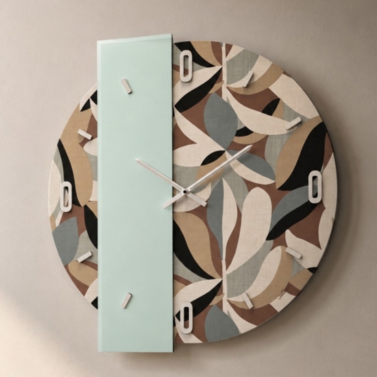 Orologio moderno a parete rotondo specchio verde carta da parati ficus beige 60cm