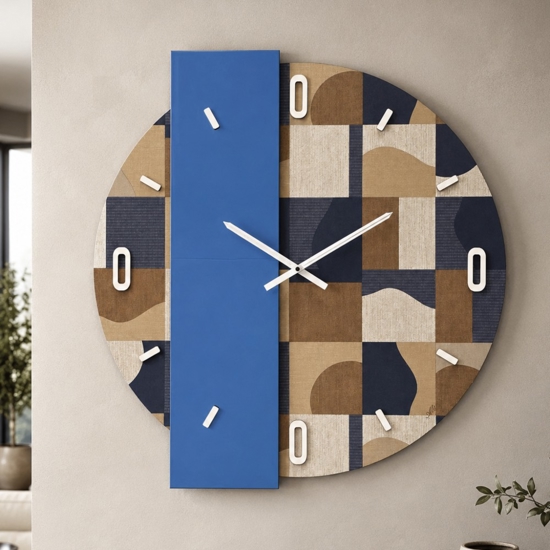 Grande orologio moderno carta da parati e specchio blu rotondo 100cm
