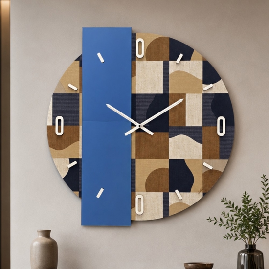 Orologio moderno da parete rotondo carta da parati e specchio effetto blu 60 cm