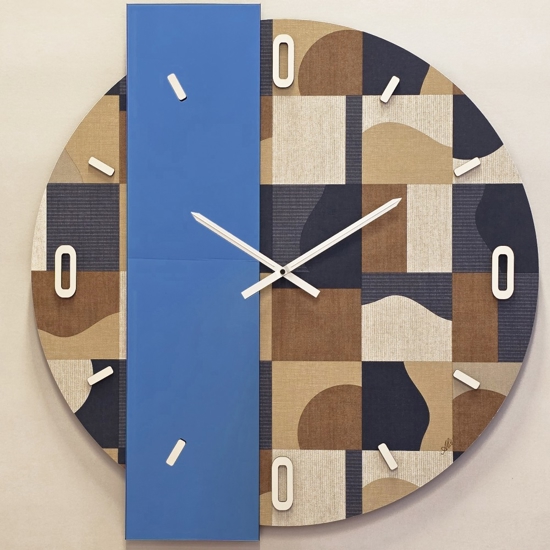 Orologio moderno da parete rotondo carta da parati e specchio effetto blu 60 cm