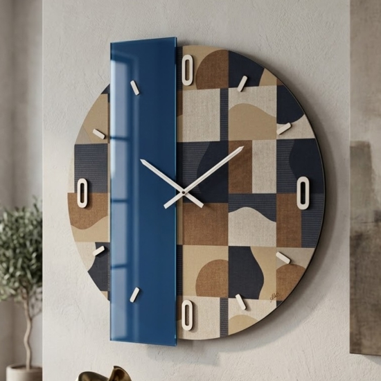 Grande orologio rotondo a parete carta da parati e specchio blu moderno 80cm