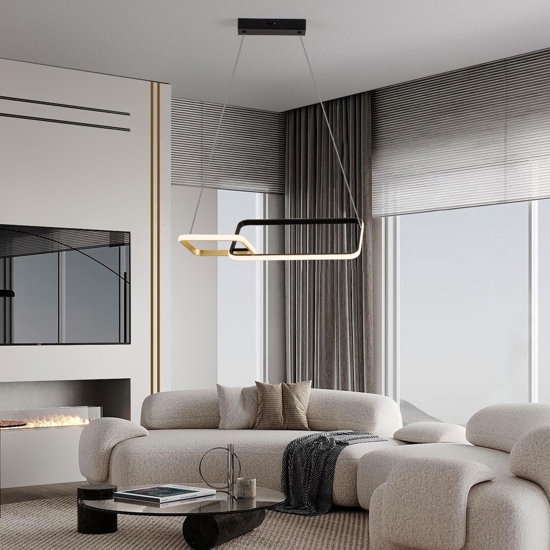 Lampadario a sospensione per soggiorno design moderno rettangoli nero oro led dimmerabile
