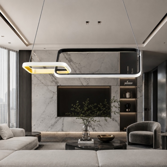 Lampadario a sospensione per soggiorno design moderno rettangoli nero oro led dimmerabile