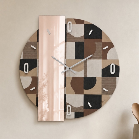 Grande orologio rotondo a parete moderno specchio rosa carta da parati marrone 80cm
