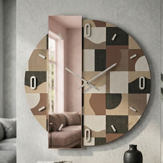 Grande orologio a parete carta da parati geos marrone e specchio rosa 100cm
