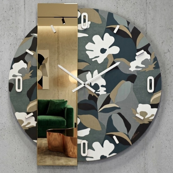 Grande orologio rotondo moderno per soggiorno carta da parati e specchio oro 100cm