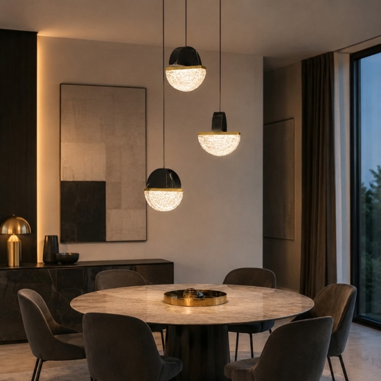 Lampadario 3 pendenti a sospensione marmo nero vetro effetto nuvola per sala da pranzo moderna