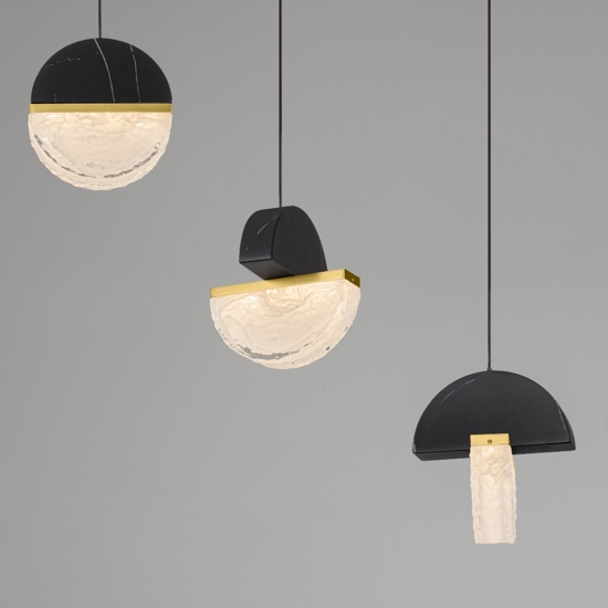 Lampadario 5 pendenti vetro e marmo nero a sospensione per tavolo sala da pranzo