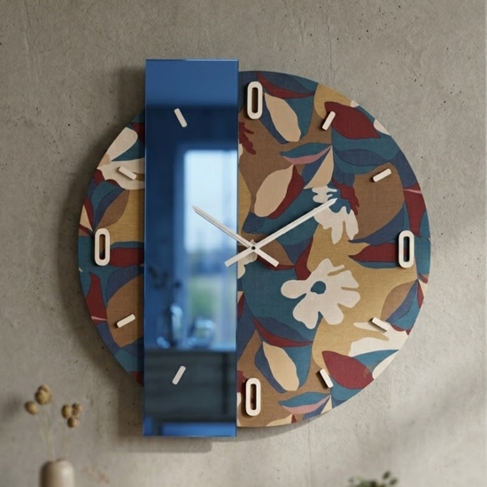 Grande orologio rotondo a parete carta da parati nives blu e effetto specchio 100cm