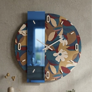 Grande orologio rotondo a parete carta da parati nives blu e effetto specchio 100cm