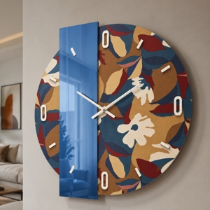 Orologio da parete design rotondo moderno carta da parati e specchio blu 60cm