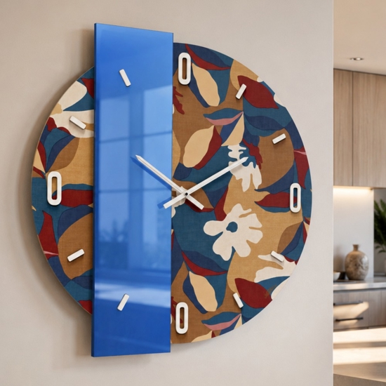 Orologio rotondo a parete moderno specchio blu e carta da parati 80cm