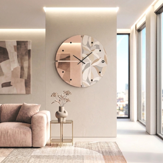 Orologio rotondo da parete specchio rosa carta da parati ficus grigio 60cm