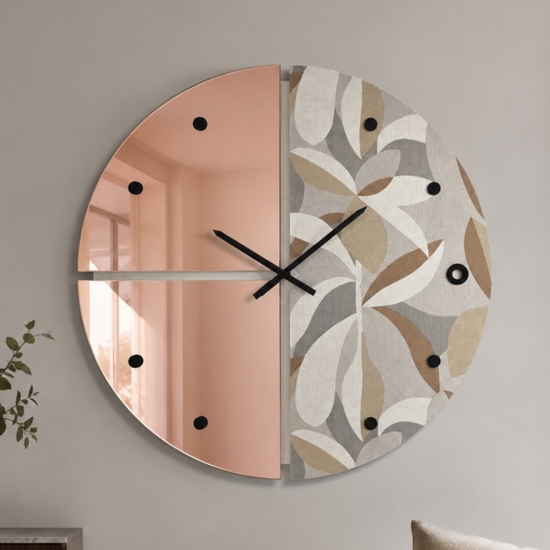 Orologio da parete rotondo moderno specchio rosa carta da parati ficus grigio 80cm