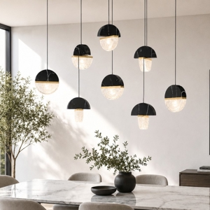 Lampadario moderno 8 pendenti in marmo nero e vetro elegante per tavolo sala da pranzo