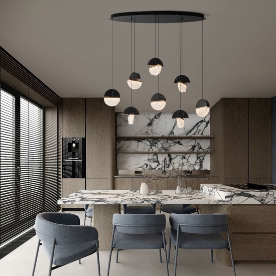 Lampadario moderno 8 pendenti in marmo nero e vetro elegante per tavolo sala da pranzo