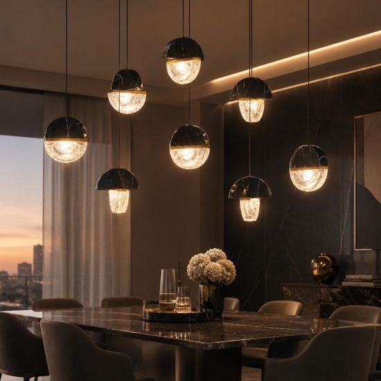 Lampadario moderno 8 pendenti in marmo nero e vetro elegante per tavolo sala da pranzo