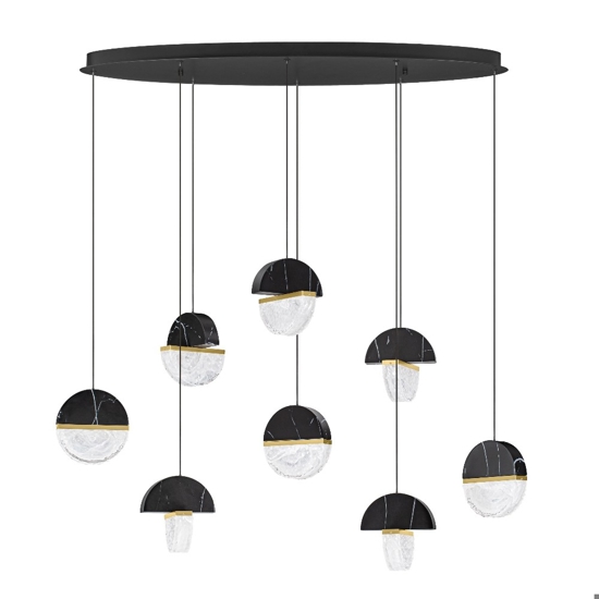 Lampadario moderno 8 pendenti in marmo nero e vetro elegante per tavolo sala da pranzo
