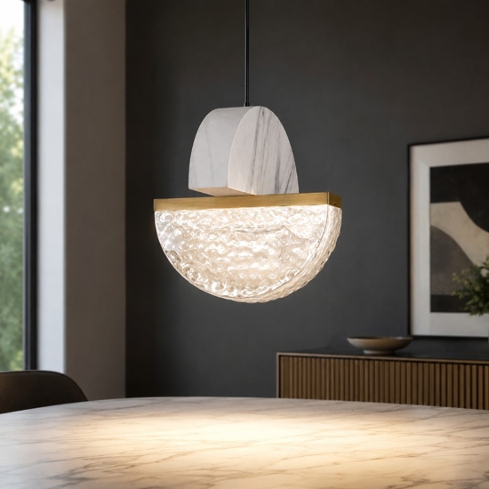 Lampada a sospensione led marmo bianco vetro design contemporaneo per comodini