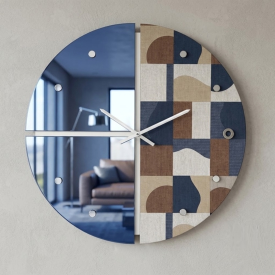 Grande orologio rotondo a parete carta da parati e specchio blu moderno 100cm