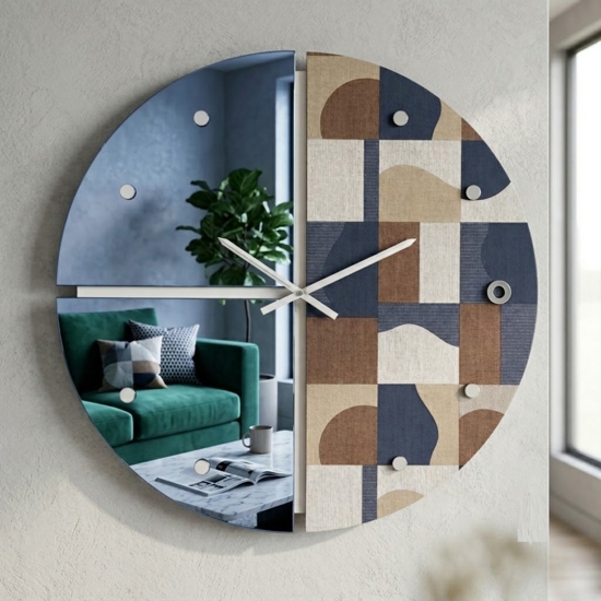 Grande orologio rotondo a parete carta da parati e specchio blu moderno 100cm