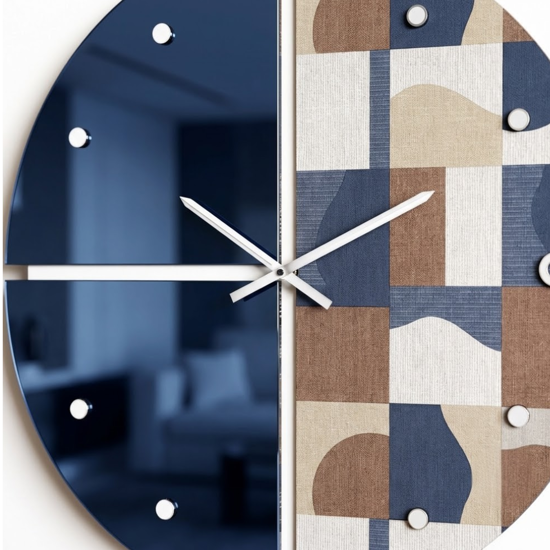 Grande orologio rotondo a parete carta da parati e specchio blu moderno 100cm