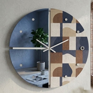 Orologio tondo a parete carta da parati geos blu e specchio per soggiorno 80cm