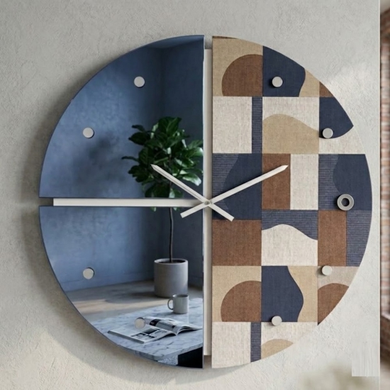 Orologio tondo a parete carta da parati geos blu e specchio per soggiorno 80cm