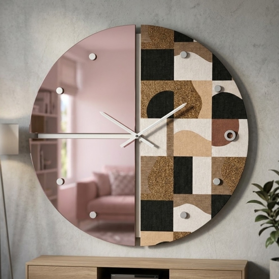 Grande orologio a parete specchio rosa e carta da parati marrone rotondo 100cm