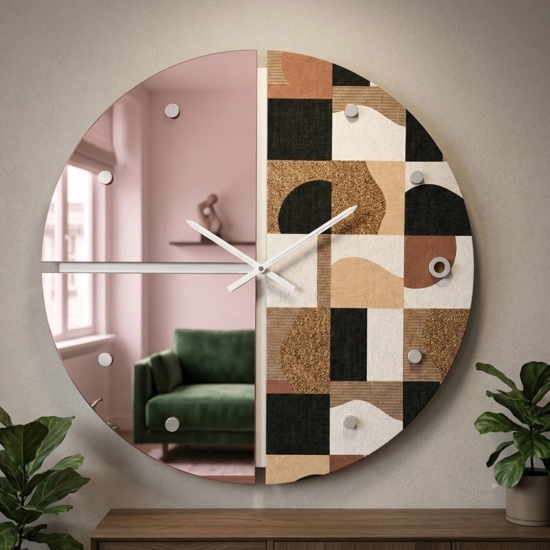 Orologio moderno a parete rotondo specchio rosa e carta da parati geos marrone 60cm
