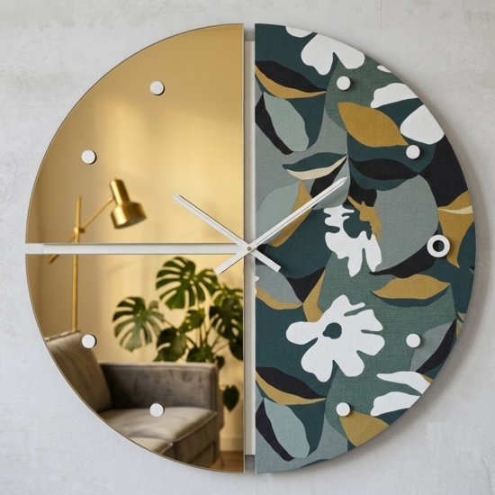 Orologio da parete moderno rotondo specchio oro carta da parati 60cm
