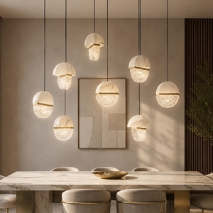 Lampadario elegante in marmo bianco e vetro 8 pendenti per tavolo soggiorno