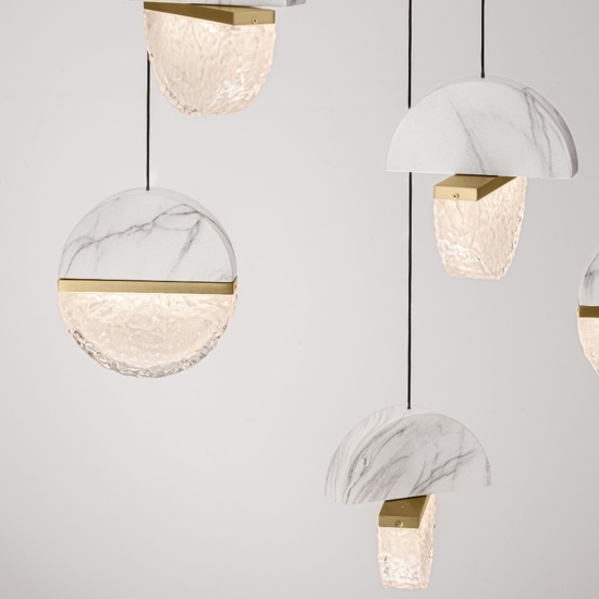 Lampadario elegante in marmo bianco e vetro 8 pendenti per tavolo soggiorno