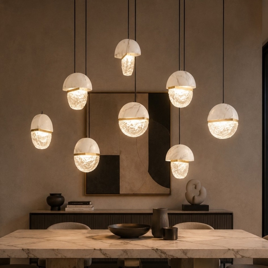 Lampadario elegante in marmo bianco e vetro 8 pendenti per tavolo soggiorno