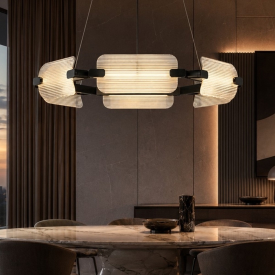 Lampadario nero circolare in vetro design moderno per soggiorno elegante