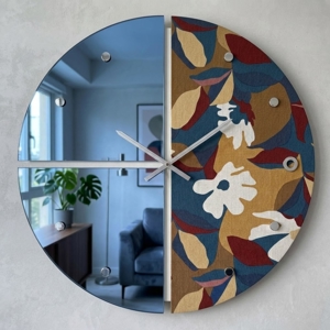 Grande orologio rotondo da parete effetto specchio blu e carta da parati 100cm