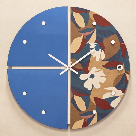 Grande orologio rotondo da parete effetto specchio blu e carta da parati 100cm