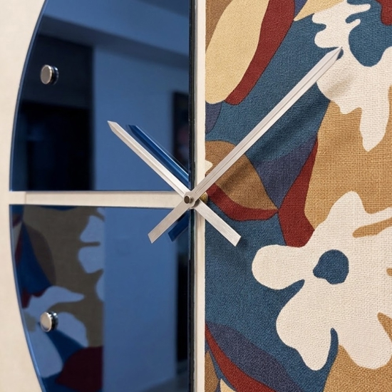 Grande orologio rotondo da parete effetto specchio blu e carta da parati 100cm