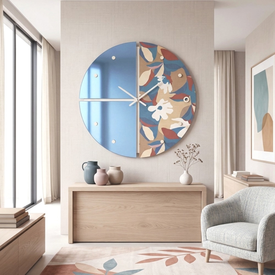 Grande orologio rotondo da parete effetto specchio blu e carta da parati 100cm