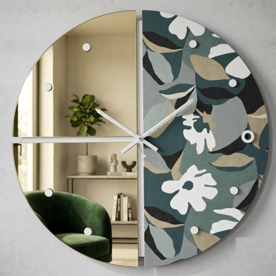 Orologio da parete design moderno rotondo specchio oro e carta da parati 80cm