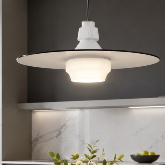Lampadario piatto 45 cm a sospensione in vetro bianco fume design moderno per cucina