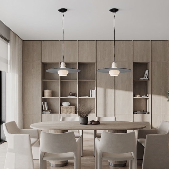 Lampadario piatto 45 cm a sospensione in vetro bianco fume design moderno per cucina