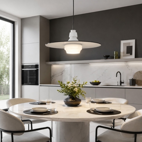 Lampadario piatto design moderno 60 cm in vetro bianco fume per cucina
