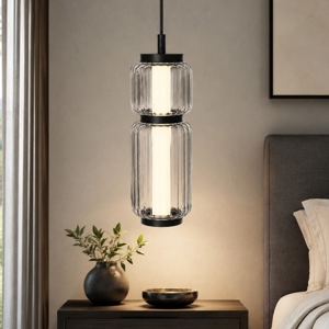 Lampada a sospensione led nera tubolare in vetro trasparente rigato